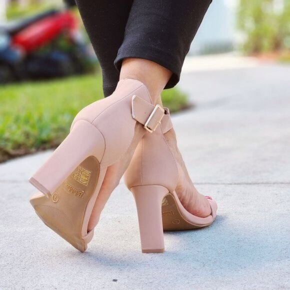 Women's Ankle Strap Block Heel Dress Sandals Nude Color - Picture 2 of 7